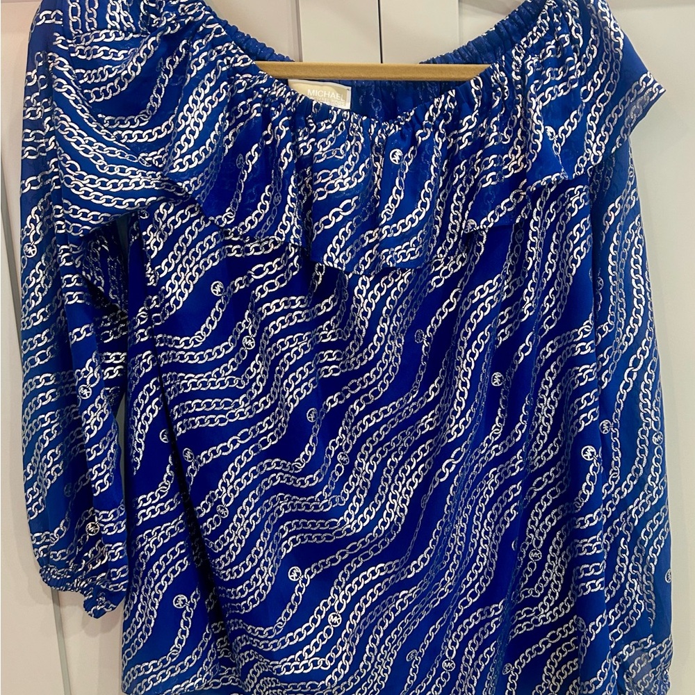 Michael Kors Royal Blue Metallic Chain-Print Top SZ L off the shoulder sexy lux